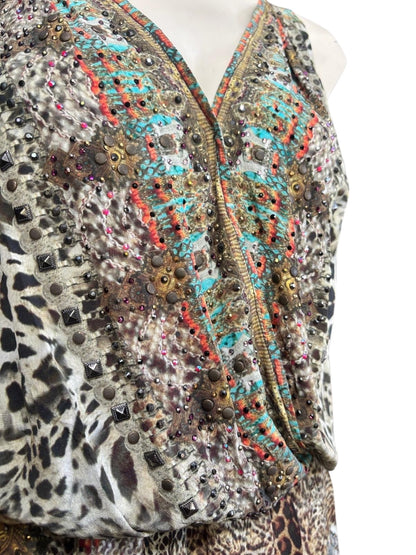 Camilla Silk High-Low Dress Embellished Animal Print Kaftan Mini Dress Designer Resort Wear- 1