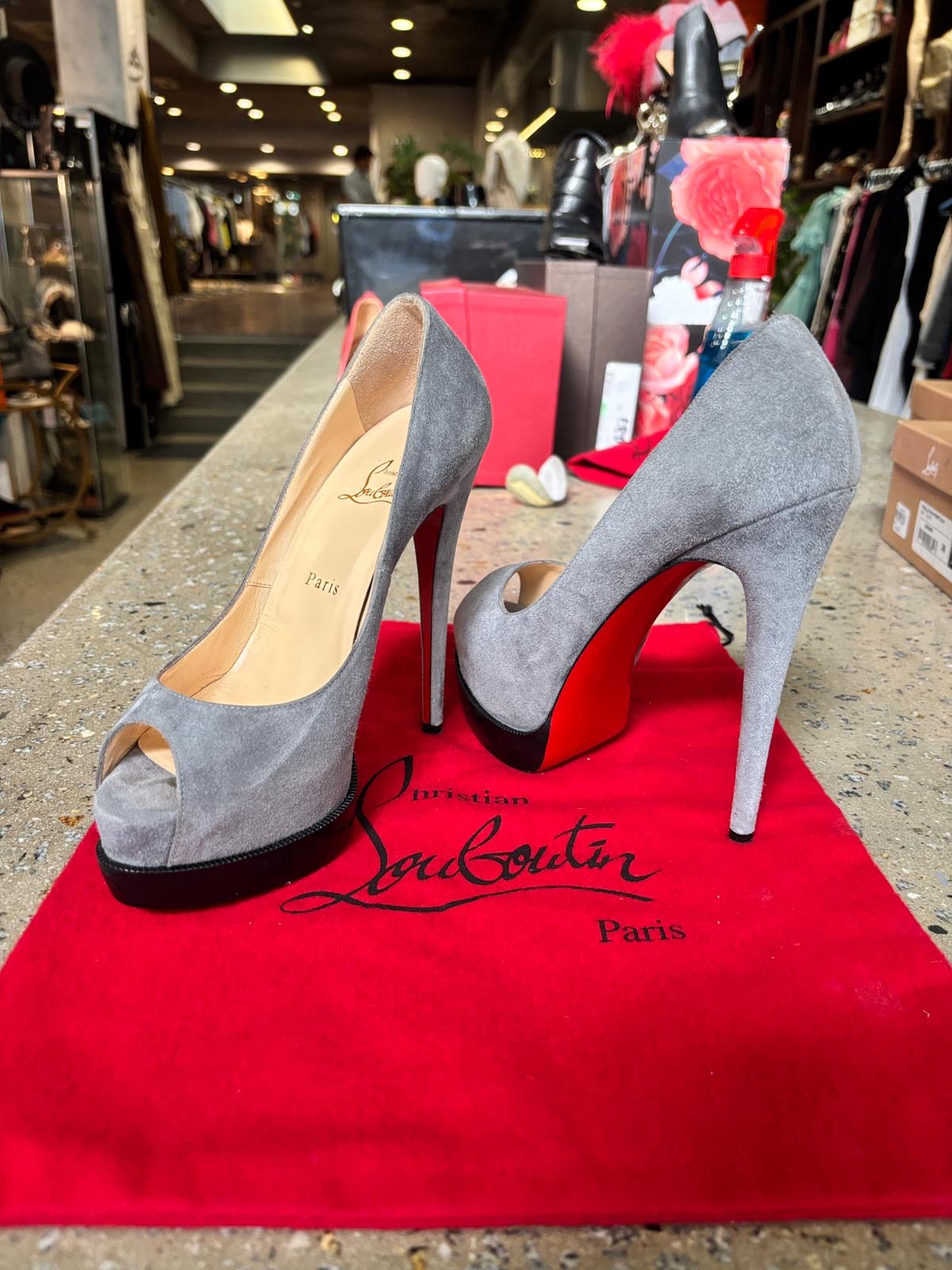 Christian Louboutin Prive Grey Suede Peep Toe Platform Heels EU 38