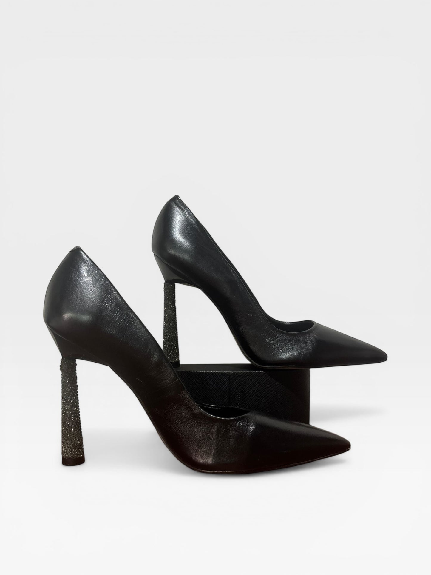 Castello Luxury Collection Crystal Heel Pumps Black Leather Pointed Toe EU 38 Rhinestone Stiletto