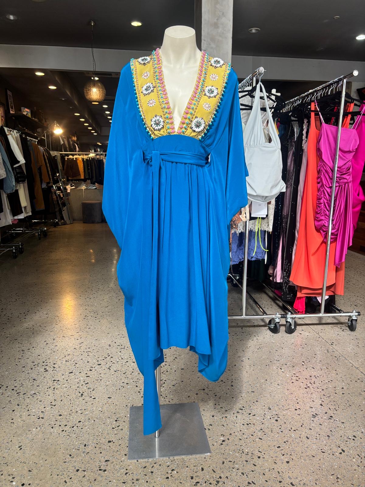 Megan Park Ocean Blue Decorated V-Neck Dress