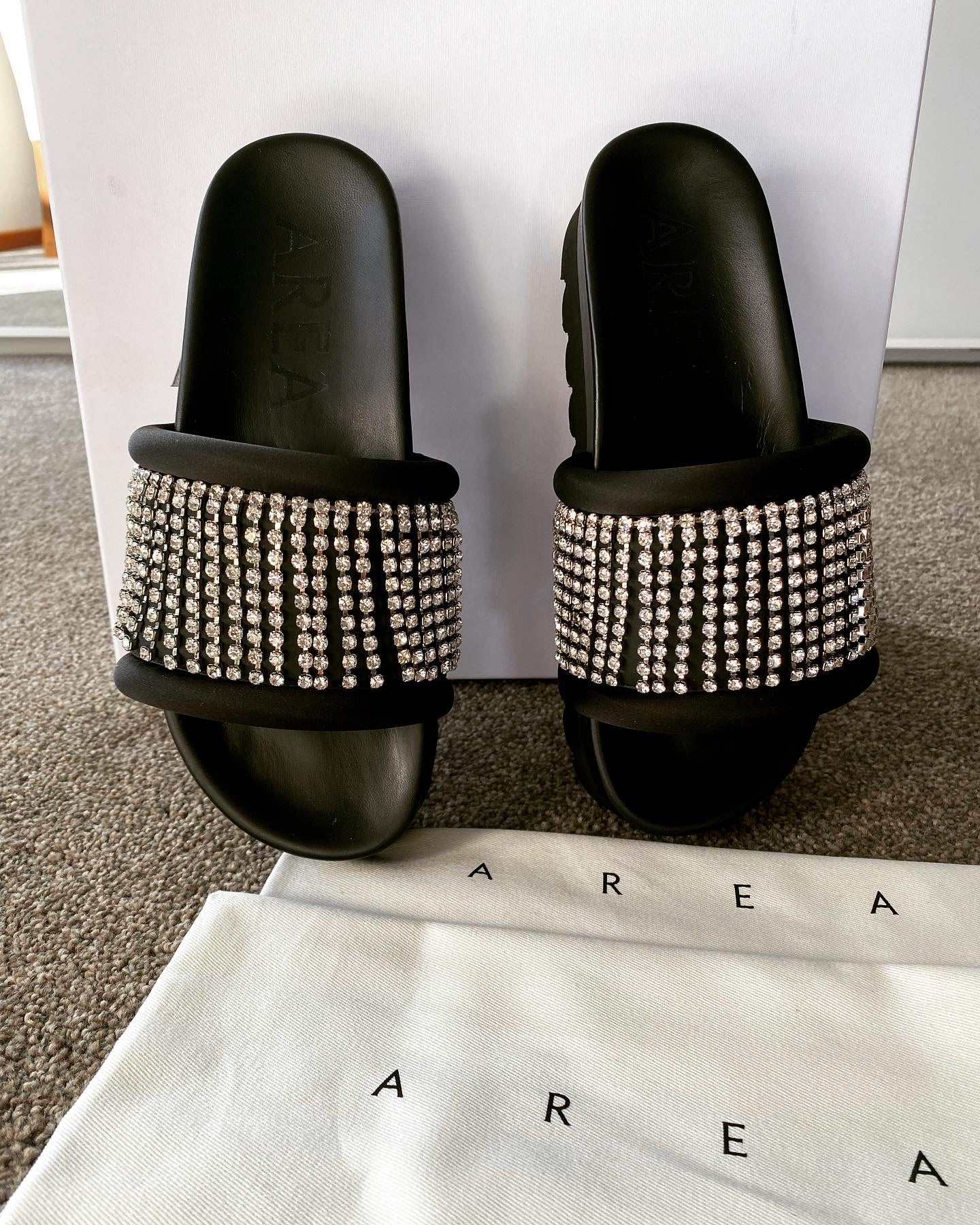 AREA Crystal-Embellished Platform Slides – Black Sandals with Rhinestone Straps- Size 36