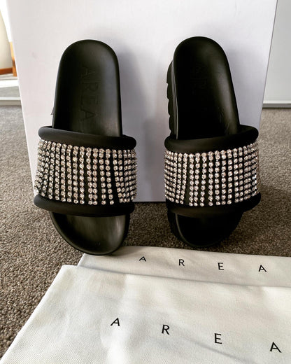 AREA Crystal-Embellished Platform Slides – Black Sandals with Rhinestone Straps- Size 36