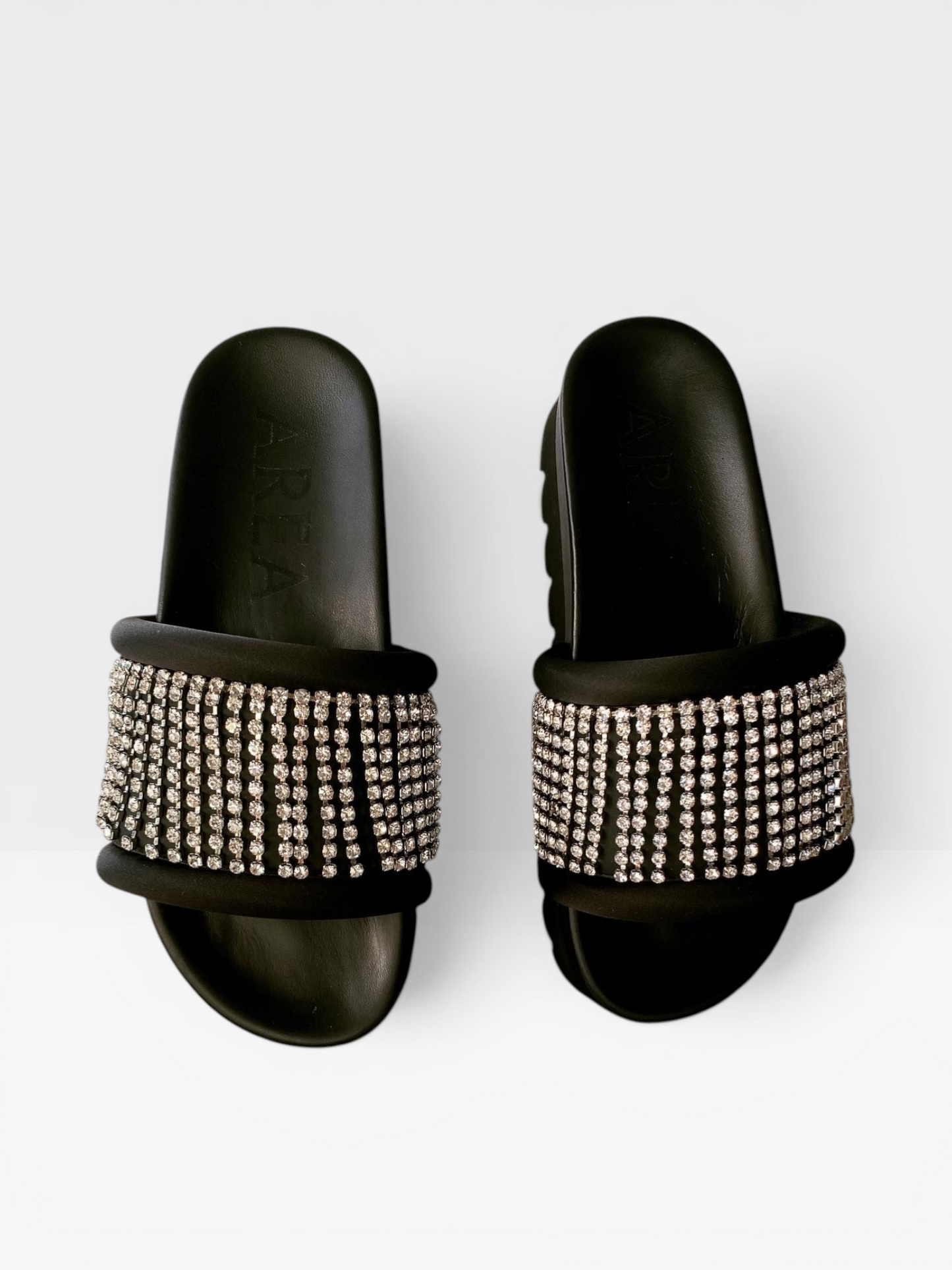AREA Crystal-Embellished Platform Slides – Black Sandals with Rhinestone Straps- Size 36