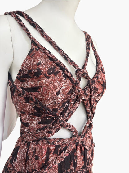 Thurley Braided Strap Cut-Out Pleated Mini Dress – Bohemian Printed Silk Dress – Size 6