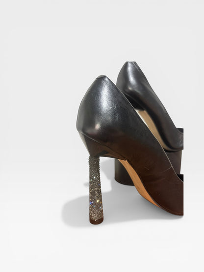 Castello Luxury Collection Crystal Heel Pumps Black Leather Pointed Toe EU 38 Rhinestone Stiletto
