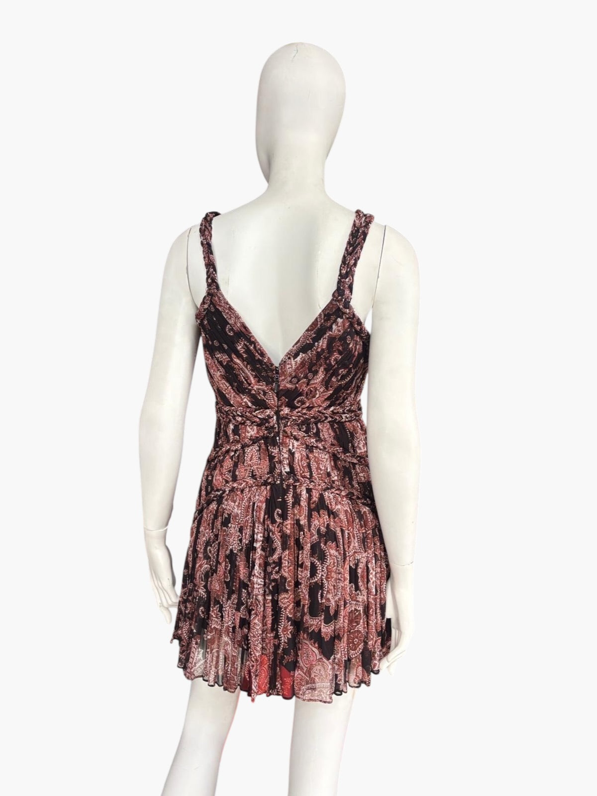 Thurley Braided Strap Cut-Out Pleated Mini Dress – Bohemian Printed Silk Dress – Size 6