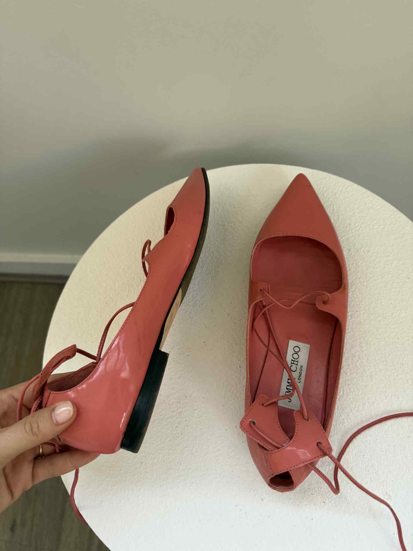 Jimmy Choo Patent Lace-Up Flats Coral- Size 38