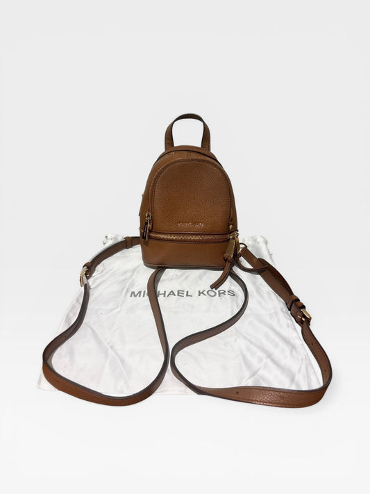 Michael Kors Rhea Zip Small Leather Backpack Brown Pebbled Leather Mini Backpack Gold Hardware