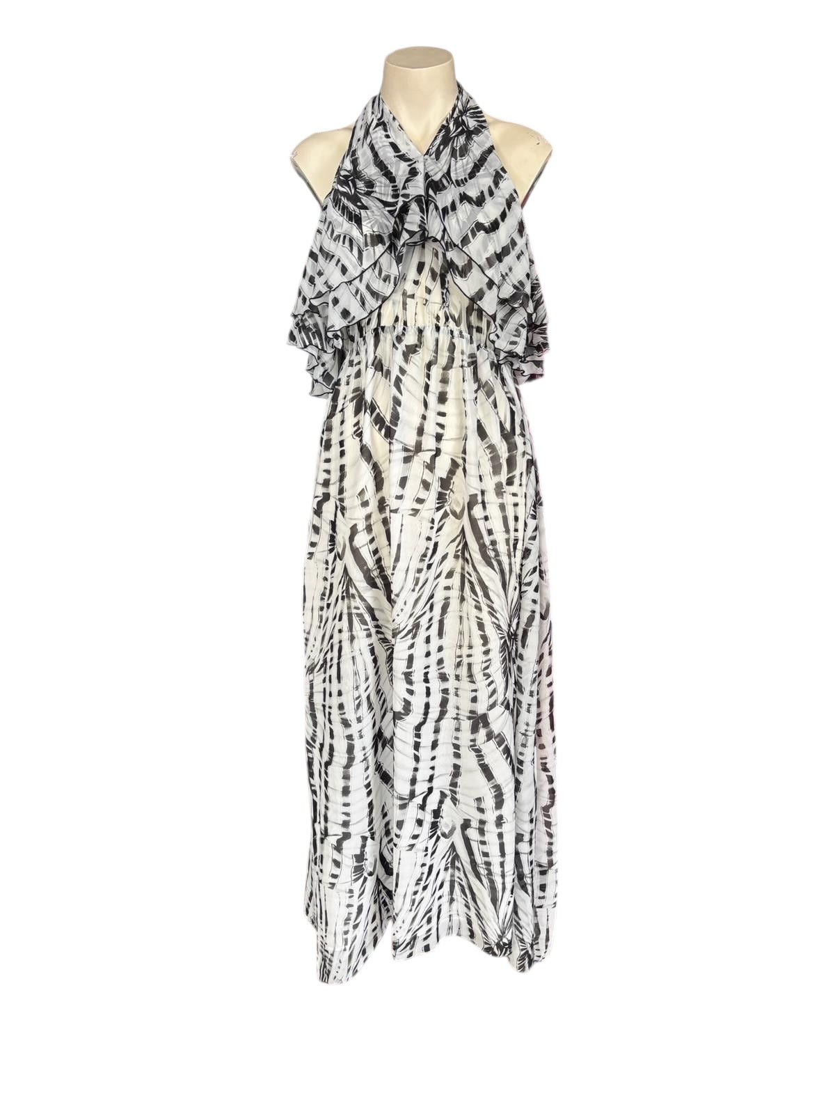 MSGM Black White Abstract Print Halter Midi Dress – Ruffle Neck Tie Designer Dress- S / 8