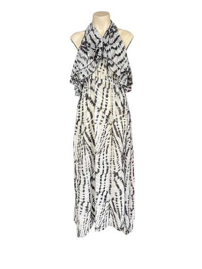 MSGM Black White Abstract Print Halter Midi Dress – Ruffle Neck Tie Designer Dress- S / 8