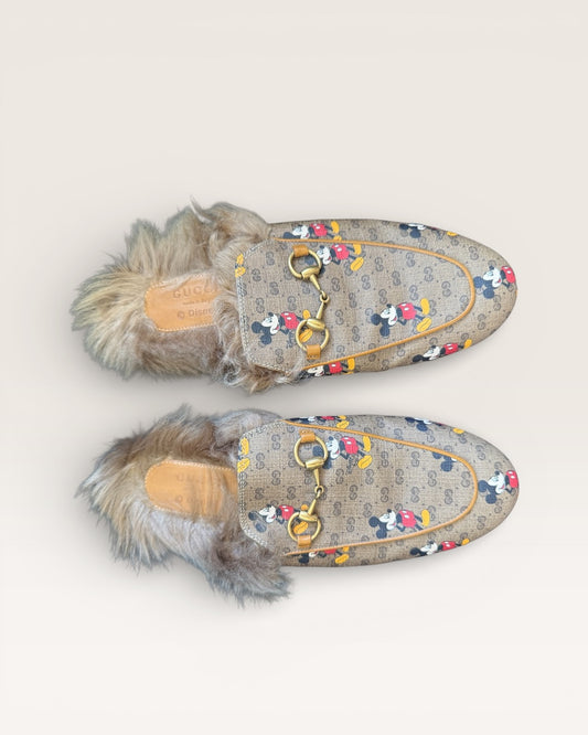 Gucci Princetown Mickey Mouse GG Supreme Fur Loafers Slippers Horsebit - 37