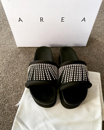 AREA Crystal-Embellished Platform Slides – Black Sandals with Rhinestone Straps- Size 36