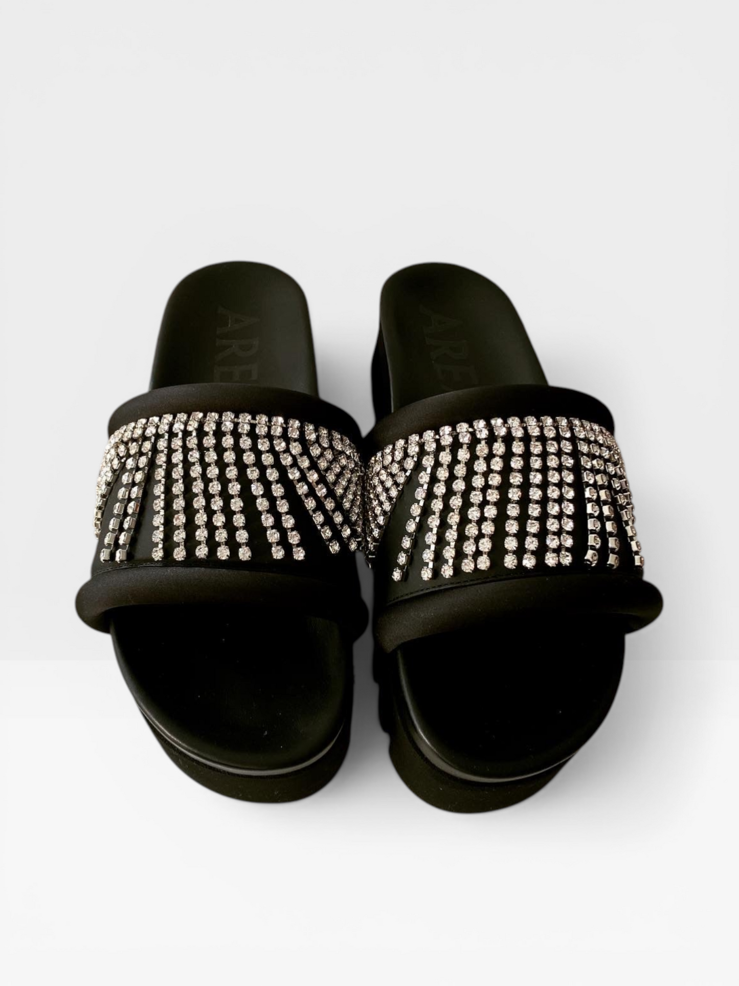 AREA Crystal-Embellished Platform Slides – Black Sandals with Rhinestone Straps- Size 36