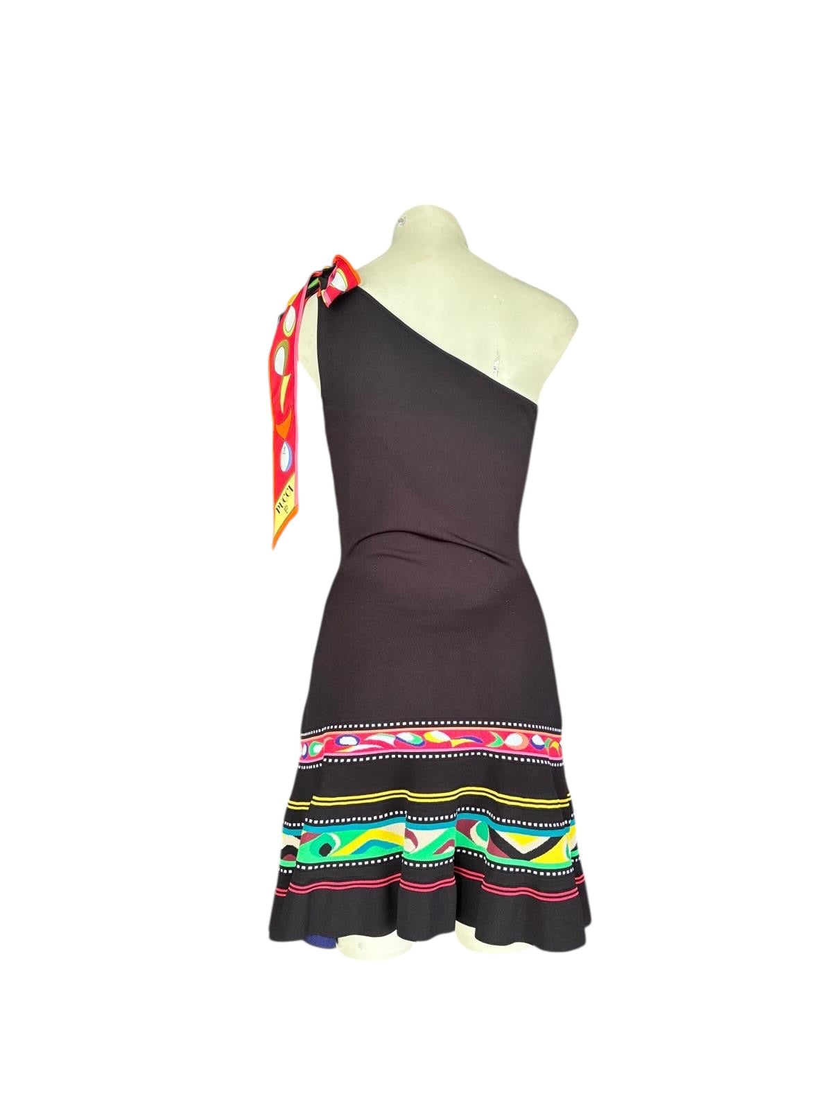 Emilio Pucci One Shoulder Dress | Silk Blend Black with Signature Print Hem | Designer Event Dress - Size S