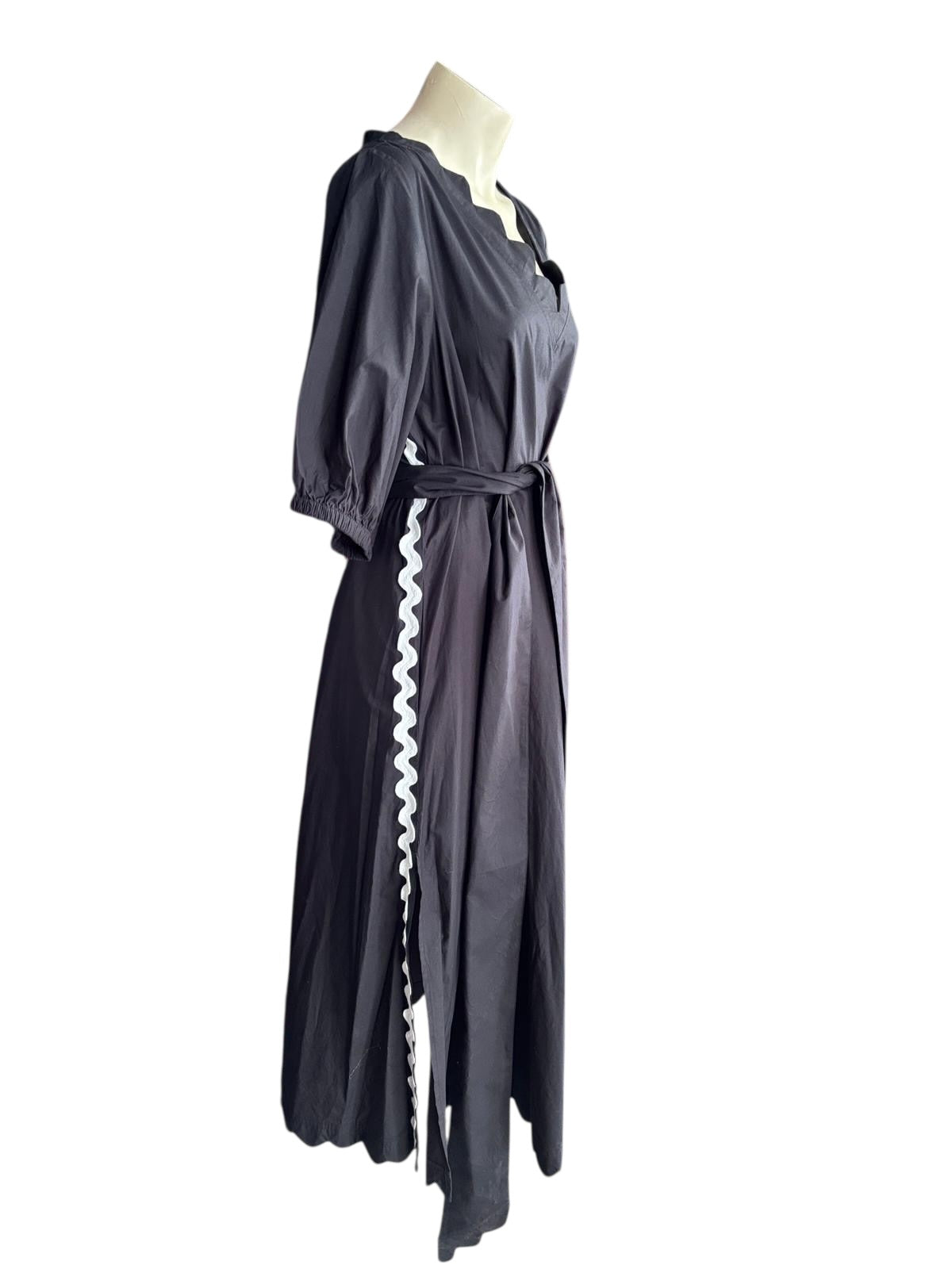 Binny Black Midi Dress | Scalloped Neckline | Cotton Belted Dress- 14