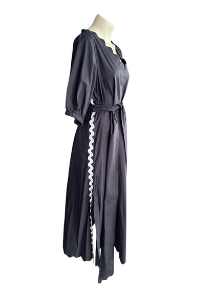 Binny Black Midi Dress | Scalloped Neckline | Cotton Belted Dress- 14