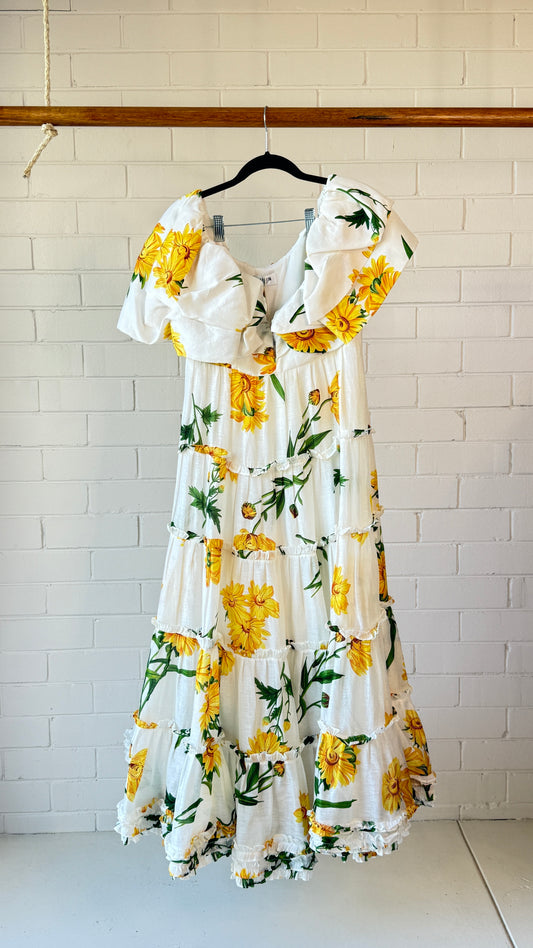 Leo Lin Marguerite Blanche Swan Maxi Dress Size 10 Floral Ruffle