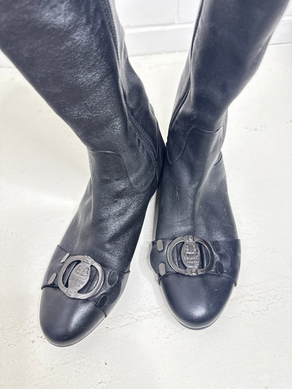 Baldinini Trend Black Leather Knee-High Boots with Logo Hardware – Size 38