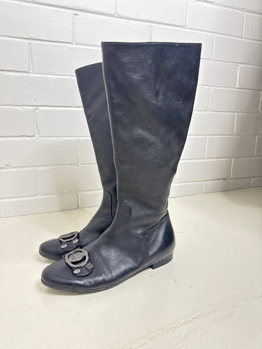 Baldinini Trend Black Leather Knee-High Boots with Logo Hardware – Size 38