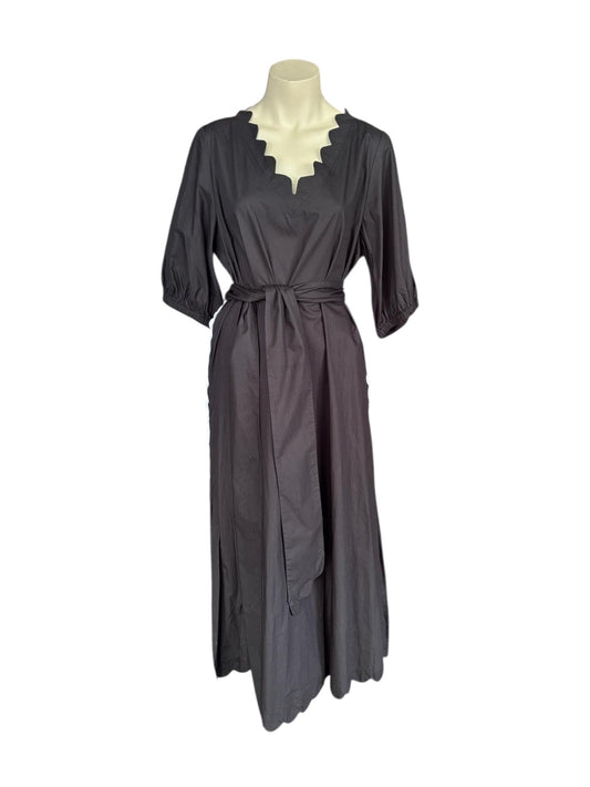 Binny Black Midi Dress | Scalloped Neckline | Cotton Belted Dress- 14