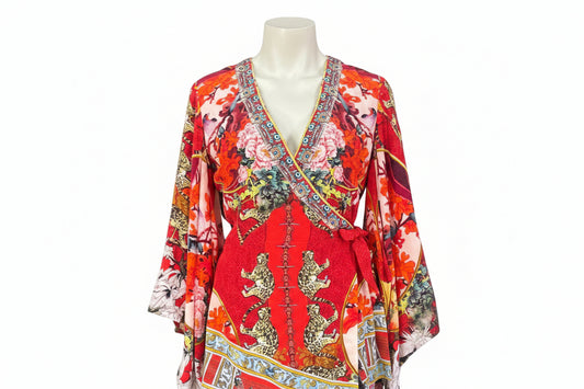 Camilla Kimono Cross Over Dress in Hangzhou Hollywood print, kimono sleeve detail