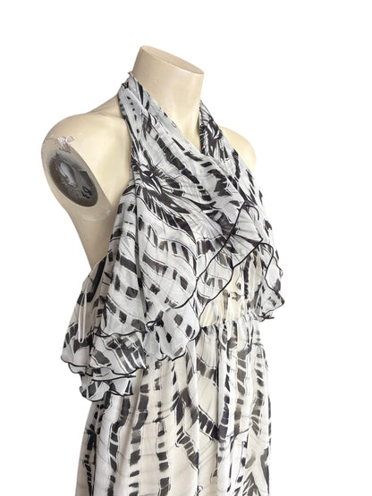 MSGM Black White Abstract Print Halter Midi Dress – Ruffle Neck Tie Designer Dress- S / 8