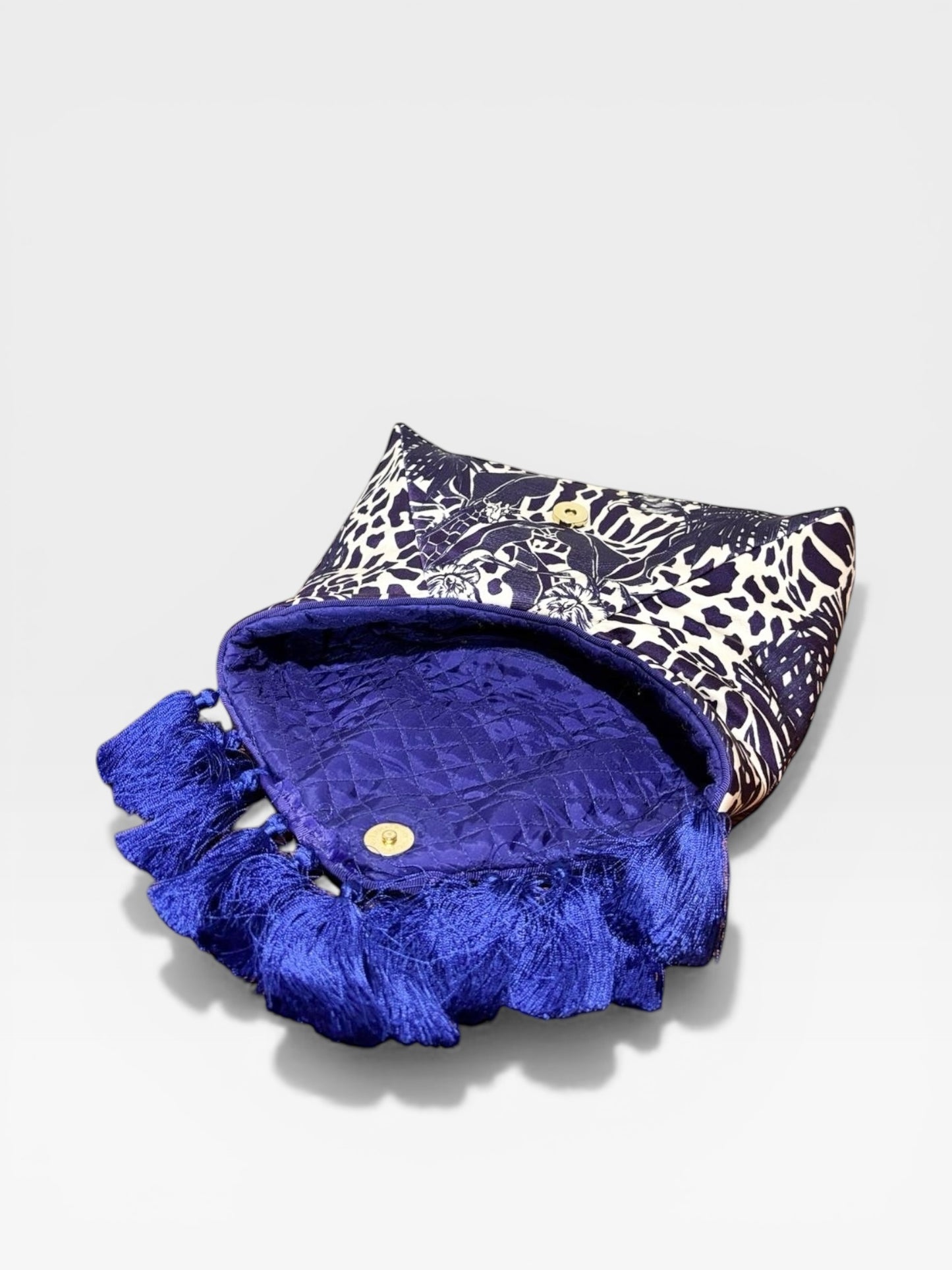 Camilla Crystal-Embellished Lion Print Tassel Clutch – Navy & Ivory