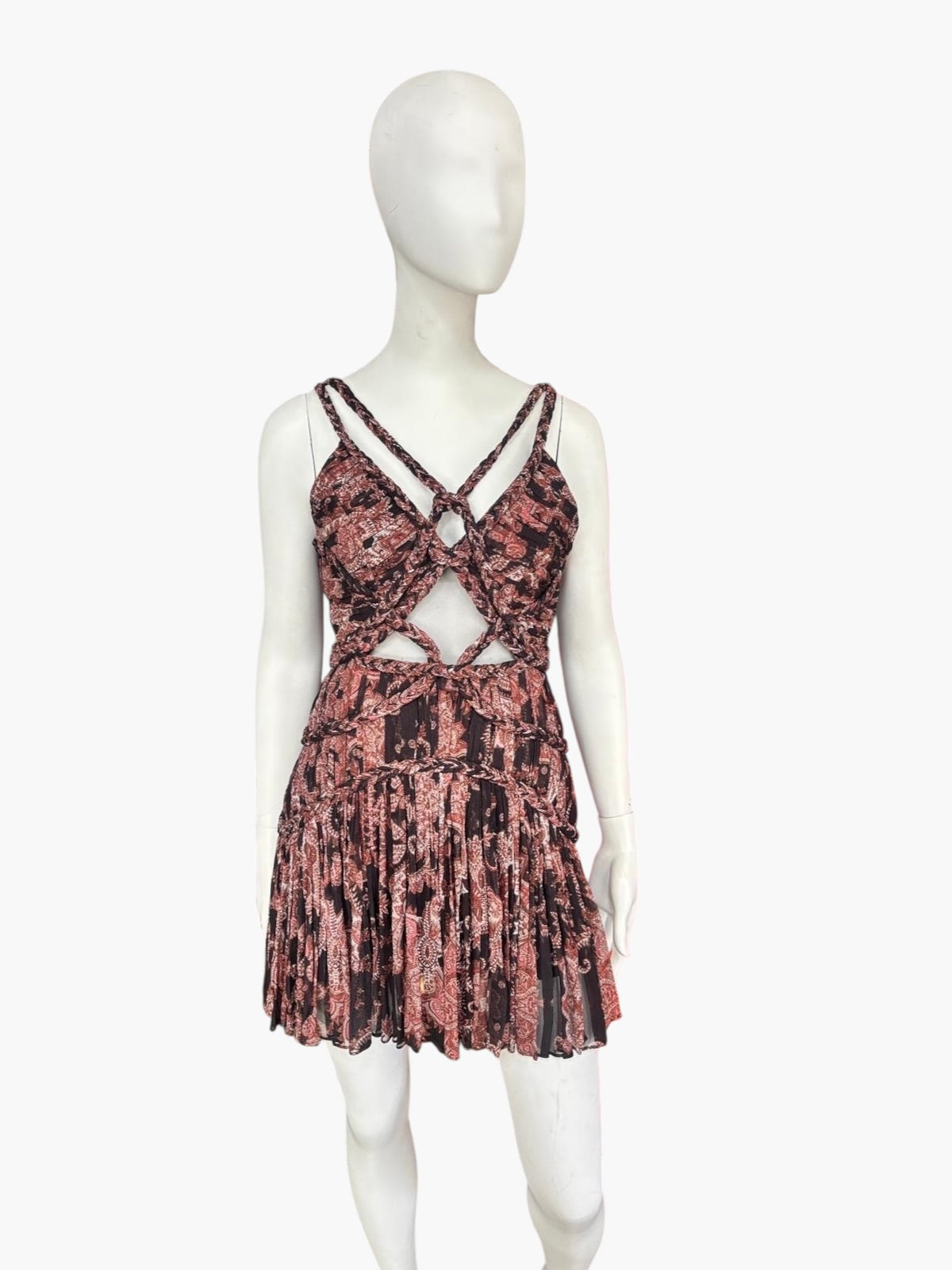 Thurley Braided Strap Cut-Out Pleated Mini Dress – Bohemian Printed Silk Dress – Size 6