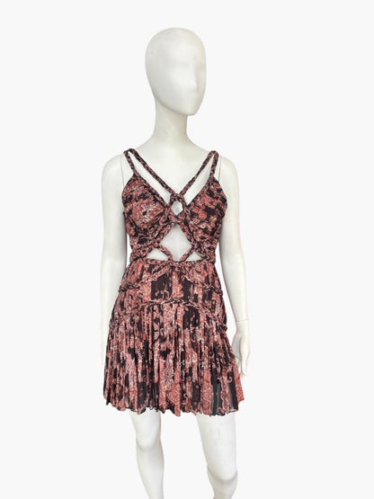 Thurley Braided Strap Cut-Out Pleated Mini Dress – Bohemian Printed Silk Dress – Size 6