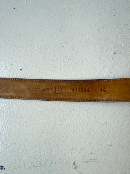 Moschino Black Leather Belt – Vintage Brass “Peace & Love” Buckle Y2K Designer