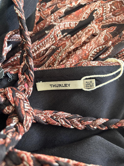 Thurley Braided Strap Cut-Out Pleated Mini Dress – Bohemian Printed Silk Dress – Size 6