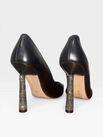 Castello Luxury Collection Crystal Heel Pumps Black Leather Pointed Toe EU 38 Rhinestone Stiletto