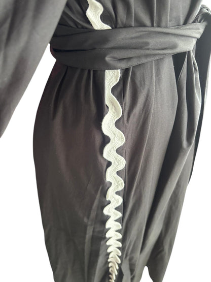 Binny Black Midi Dress | Scalloped Neckline | Cotton Belted Dress- 14