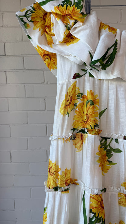 Leo Lin Marguerite Blanche Swan Maxi Dress Size 10 Floral Ruffle