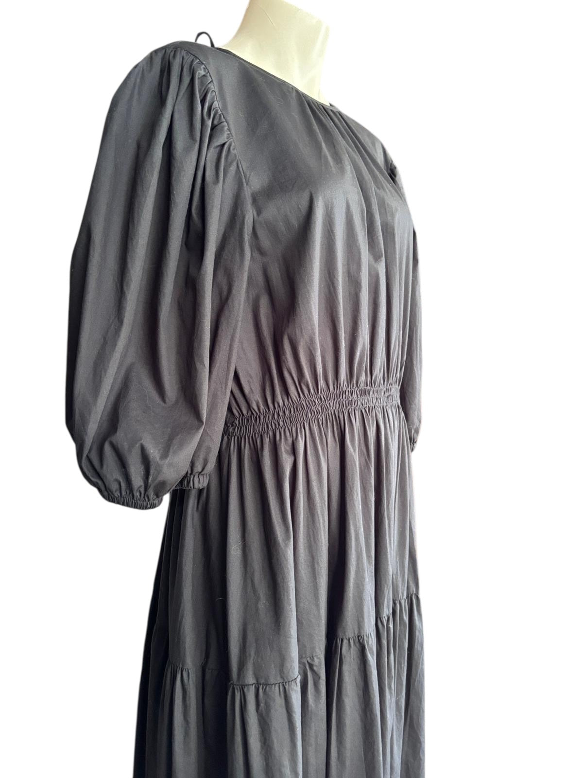 AERE Black Cotton Maxi Dress | Open Back Tie Detail | Minimalist Summer Dress | Size 16