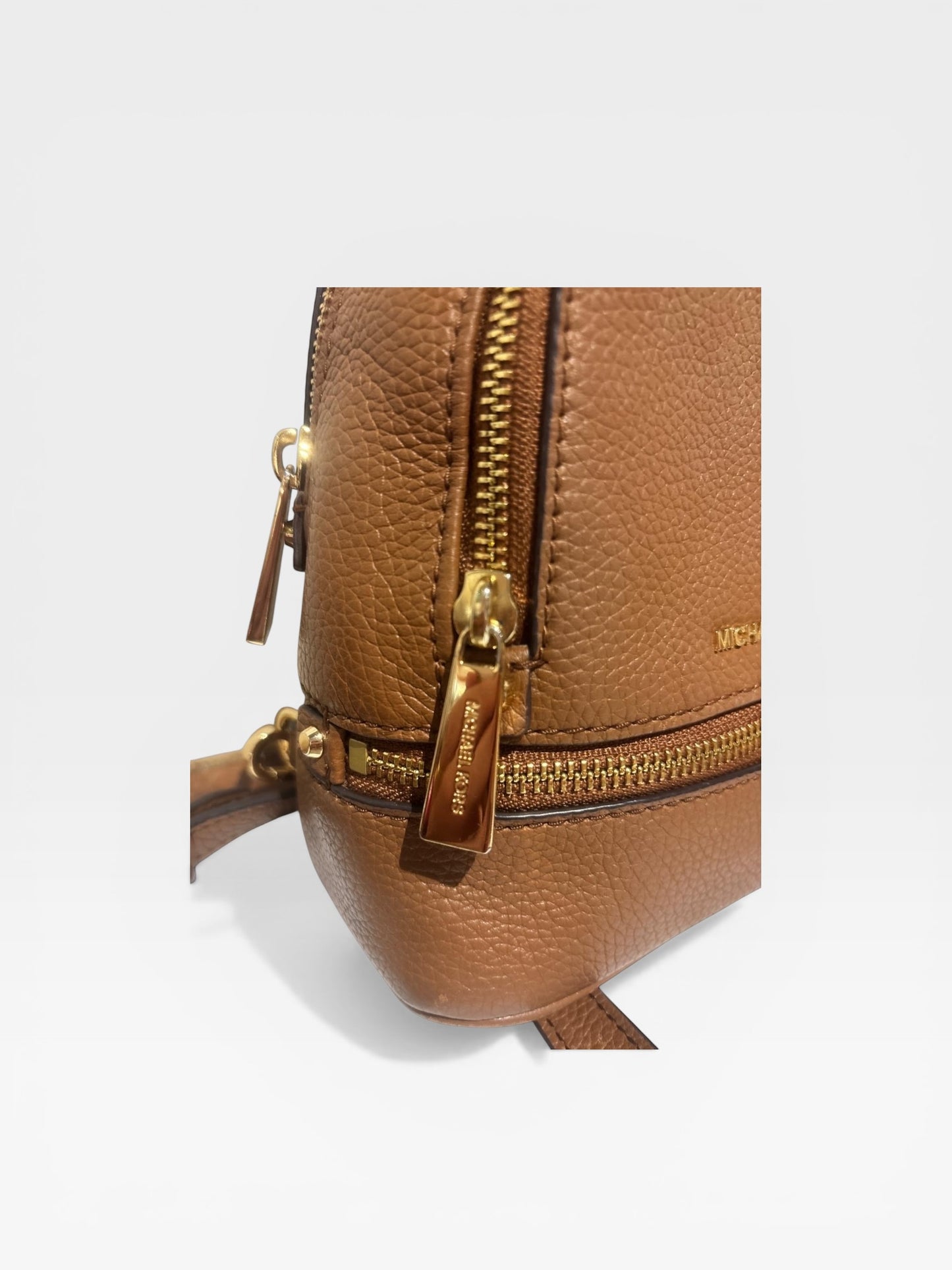 Michael Kors Rhea Zip Small Leather Backpack Brown Pebbled Leather Mini Backpack Gold Hardware