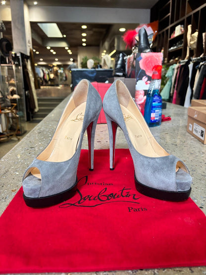 Christian Louboutin Prive Grey Suede Peep Toe Platform Heels EU 38