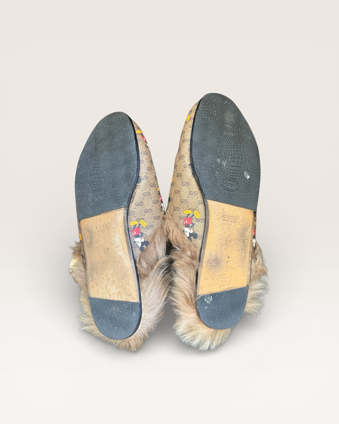 Gucci Princetown Mickey Mouse GG Supreme Fur Loafers Slippers Horsebit - 37