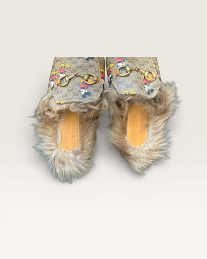 Gucci Princetown Mickey Mouse GG Supreme Fur Loafers Slippers Horsebit - 37