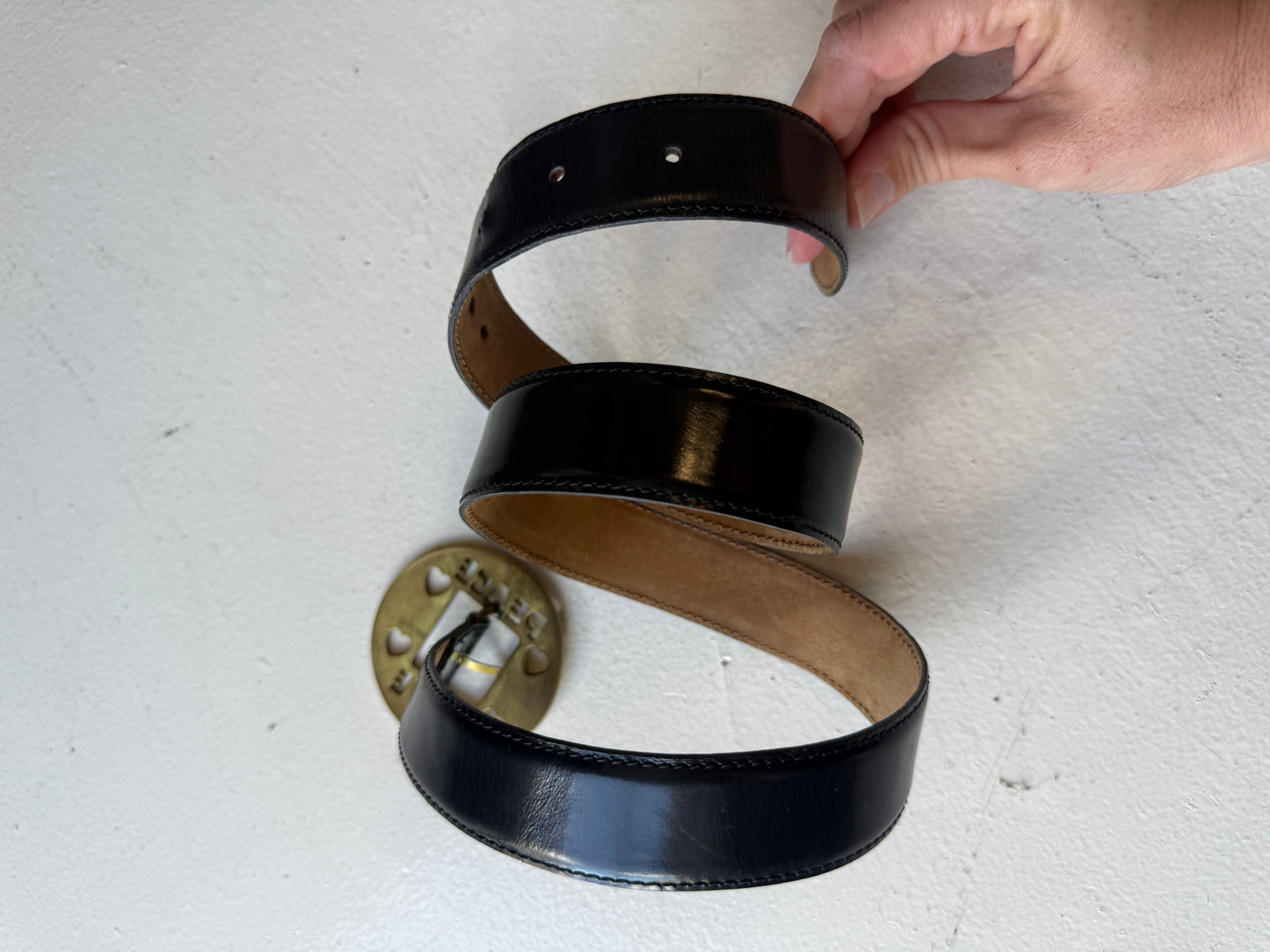 Moschino Black Leather Belt – Vintage Brass “Peace & Love” Buckle Y2K Designer