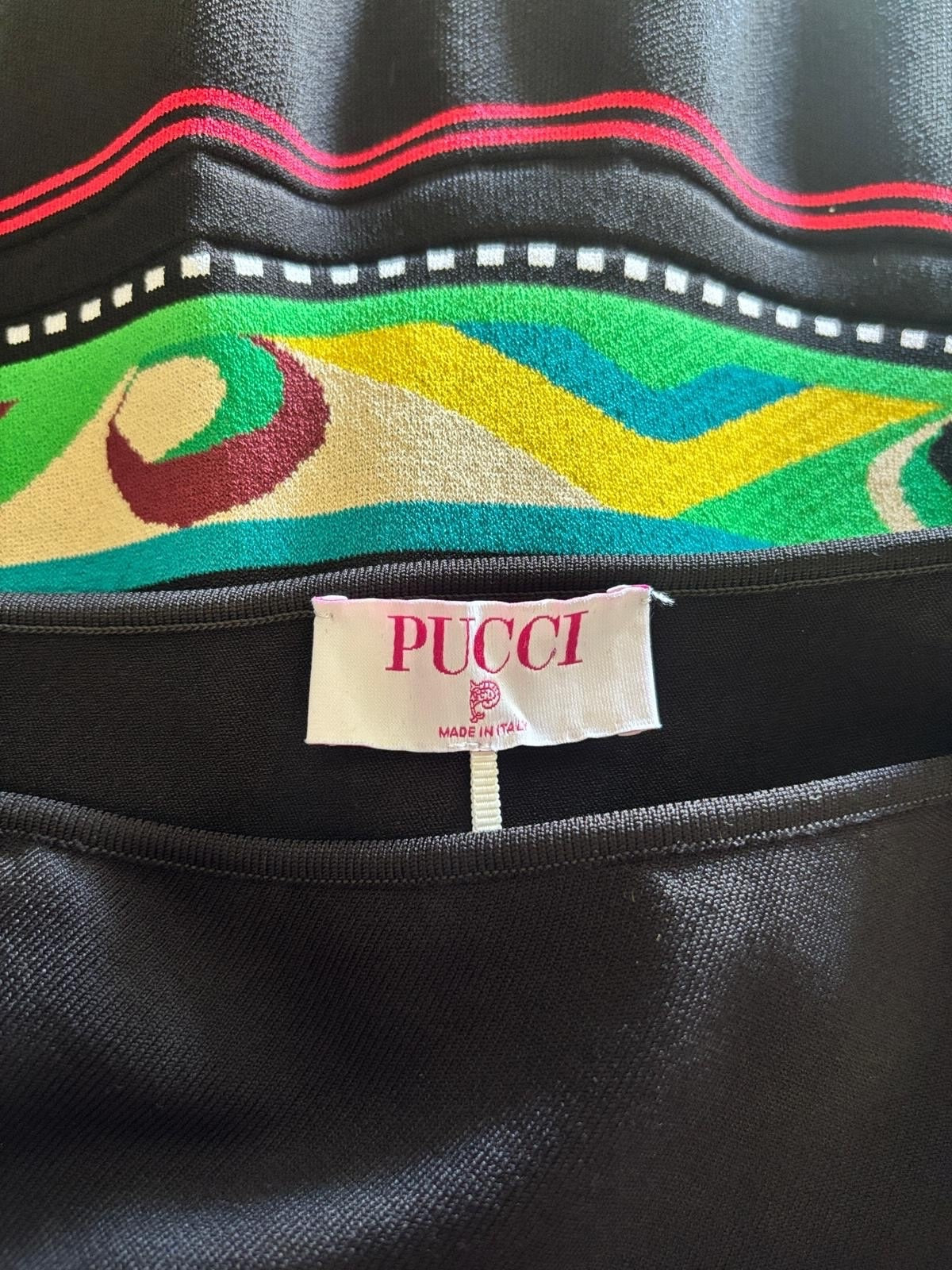 Emilio Pucci One Shoulder Dress | Silk Blend Black with Signature Print Hem | Designer Event Dress - Size S