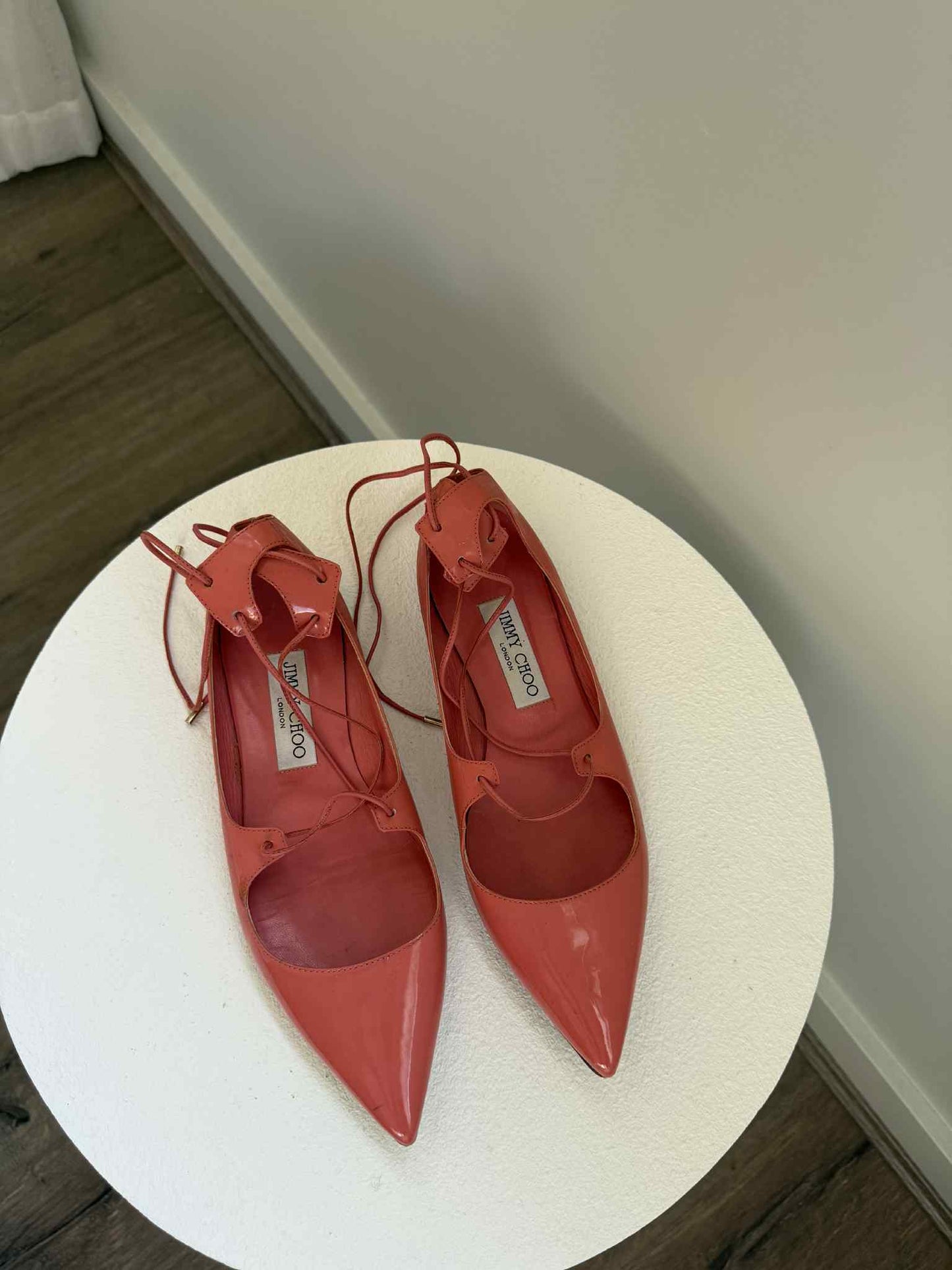 Jimmy Choo Patent Lace-Up Flats Coral- Size 38