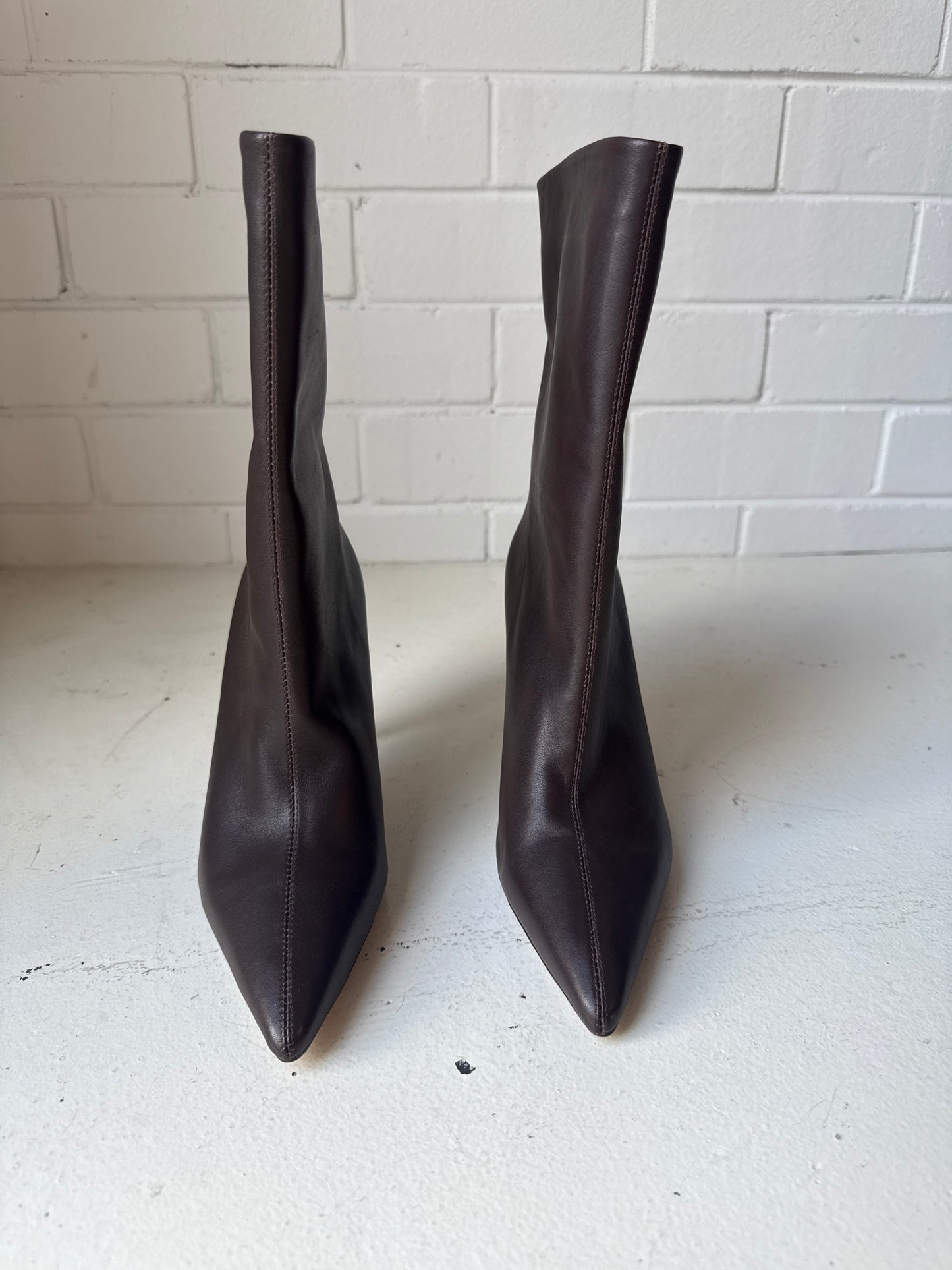 Alias Mae Brown Leather Pointed Toe Boots – Stiletto Heel Ankle/Mid-Calf Boots- Size 36