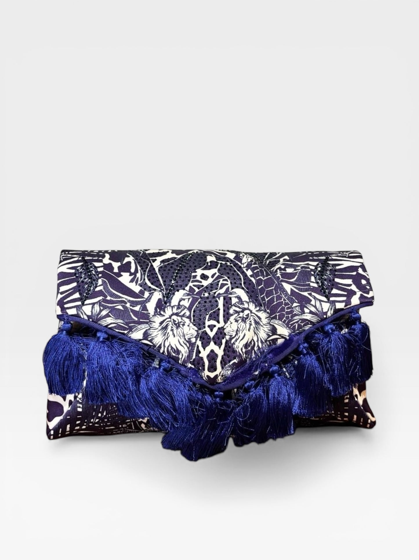 Camilla Crystal-Embellished Lion Print Tassel Clutch – Navy & Ivory