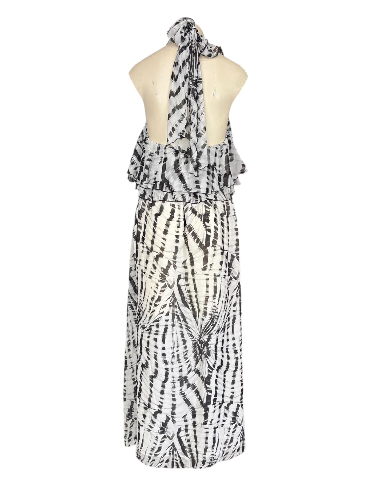 MSGM Black White Abstract Print Halter Midi Dress – Ruffle Neck Tie Designer Dress- S / 8