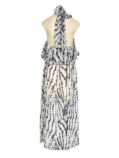 MSGM Black White Abstract Print Halter Midi Dress – Ruffle Neck Tie Designer Dress- S / 8