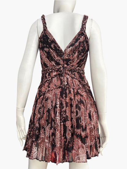 Thurley Braided Strap Cut-Out Pleated Mini Dress – Bohemian Printed Silk Dress – Size 6