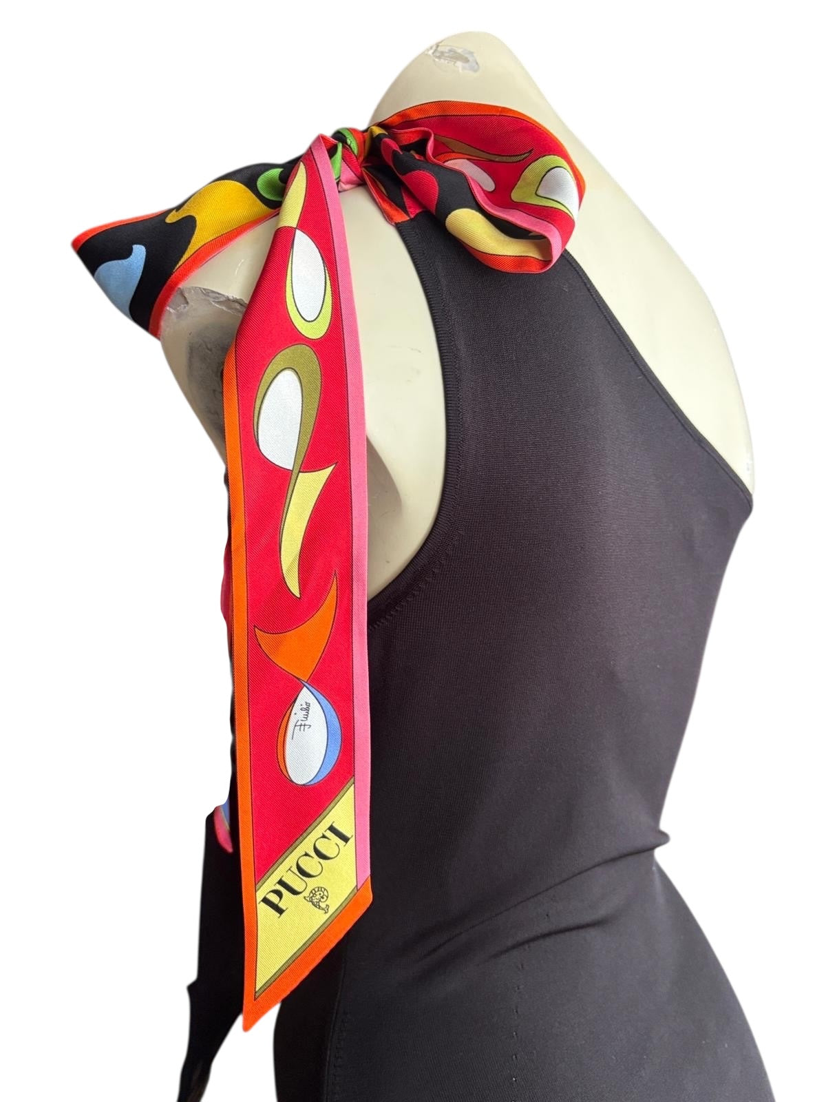 Emilio Pucci One Shoulder Dress | Silk Blend Black with Signature Print Hem | Designer Event Dress - Size S