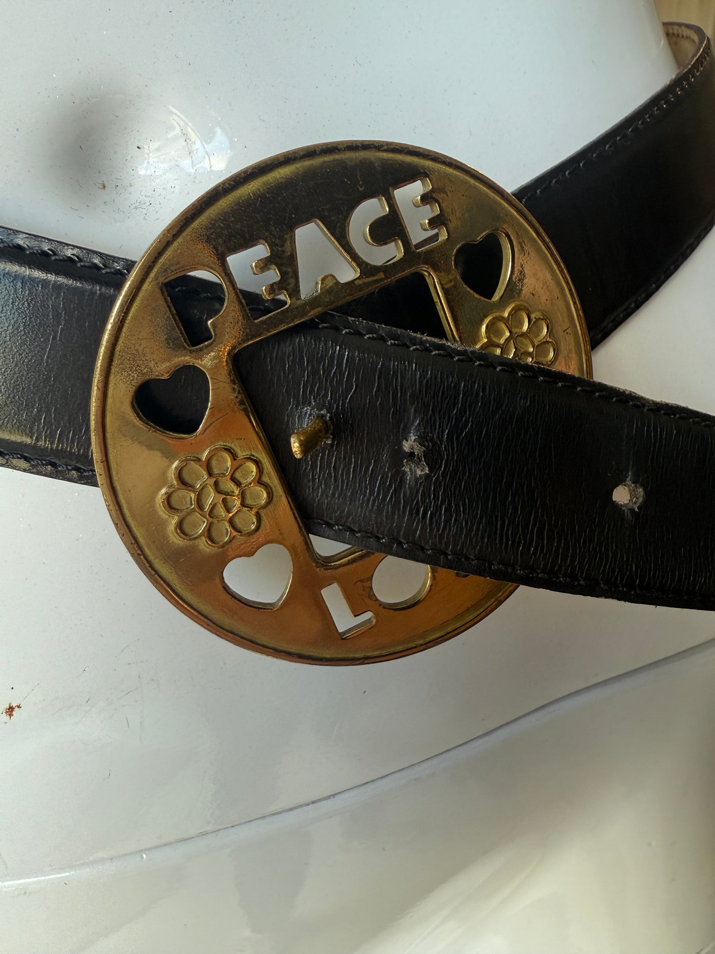 Moschino Black Leather Belt – Vintage Brass “Peace & Love” Buckle Y2K Designer
