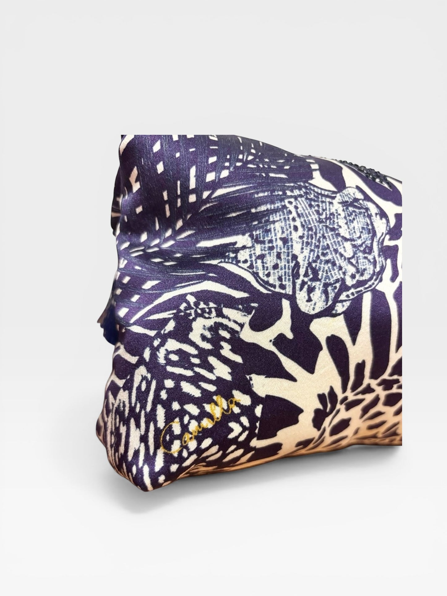 Camilla Crystal-Embellished Lion Print Tassel Clutch – Navy & Ivory